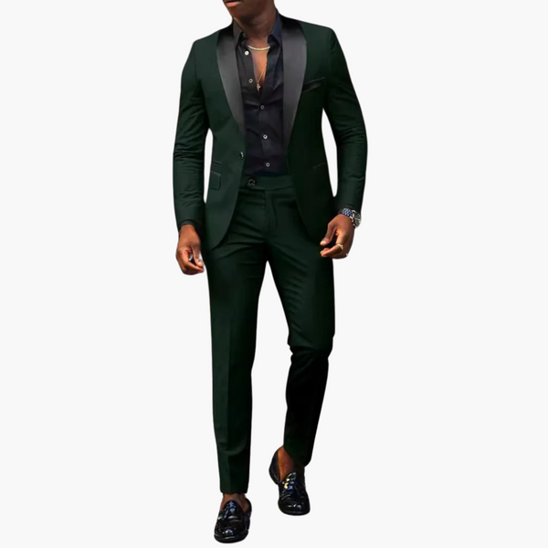 Men's formal notch lapel suit in forest green with black satin lapels