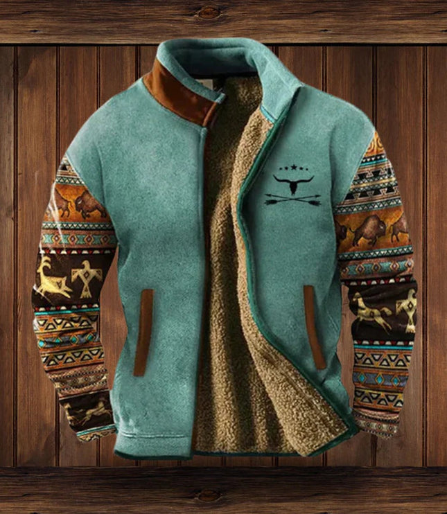 Men's Aztec Print Sherpa-Lined Full-Zip Mens Cardigan Jacket - Blue with Print