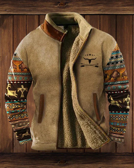 Men's Aztec Print Sherpa-Lined Full-Zip Mens Cardigan Jacket - Brown with Print