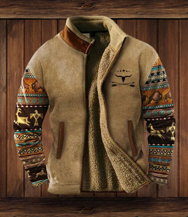 Men's Aztec Print Sherpa-Lined Full-Zip Mens Cardigan Jacket - Brown with Print