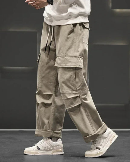 Beige wide leg casual cargo pants with rolled cuffs and side pockets