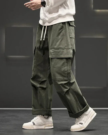 Olive green wide leg cargo pants with multiple pockets and drawstring waist