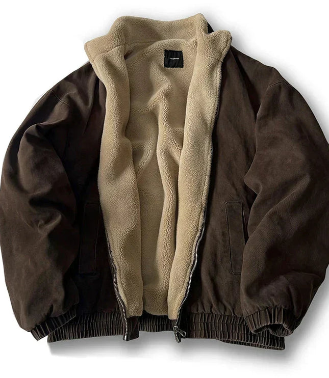 Men's Winter Bomber Jacket with Plush Lining and Stand Collar
