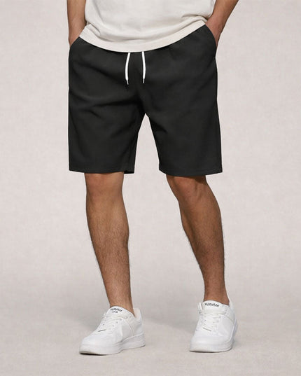 Black casual straight fit knee length pull on shorts with drawstring