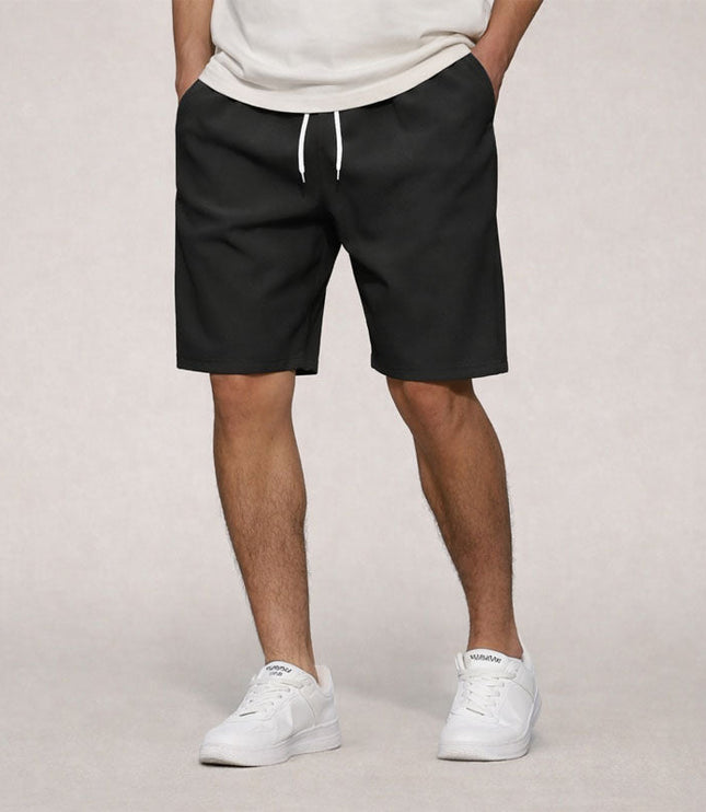 Black casual straight fit knee length pull on shorts with drawstring