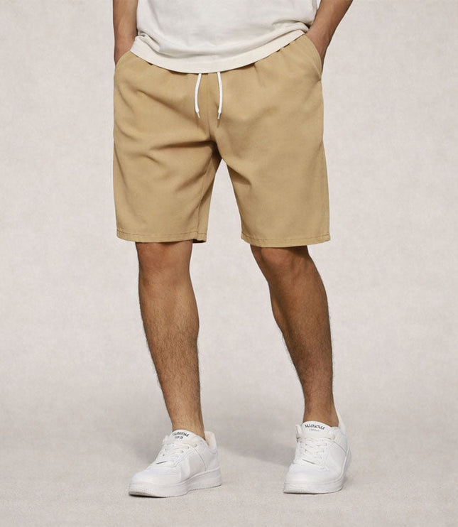 Beige casual straight fit knee length pull on shorts with drawstring