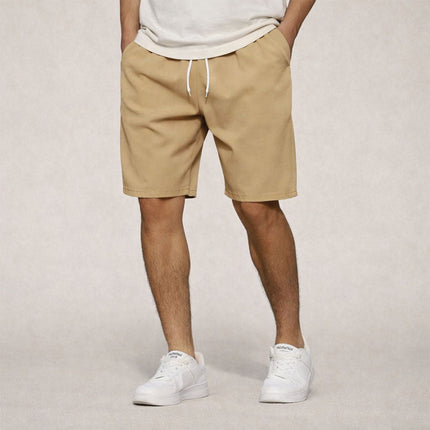 Beige casual straight fit knee length pull on shorts with drawstring