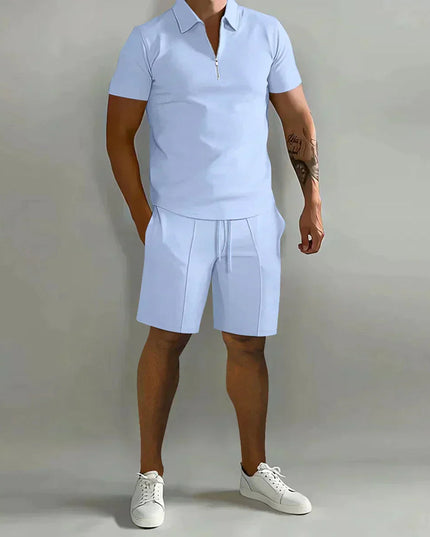 Light blue short-sleeve zip polo with coordinating shorts
