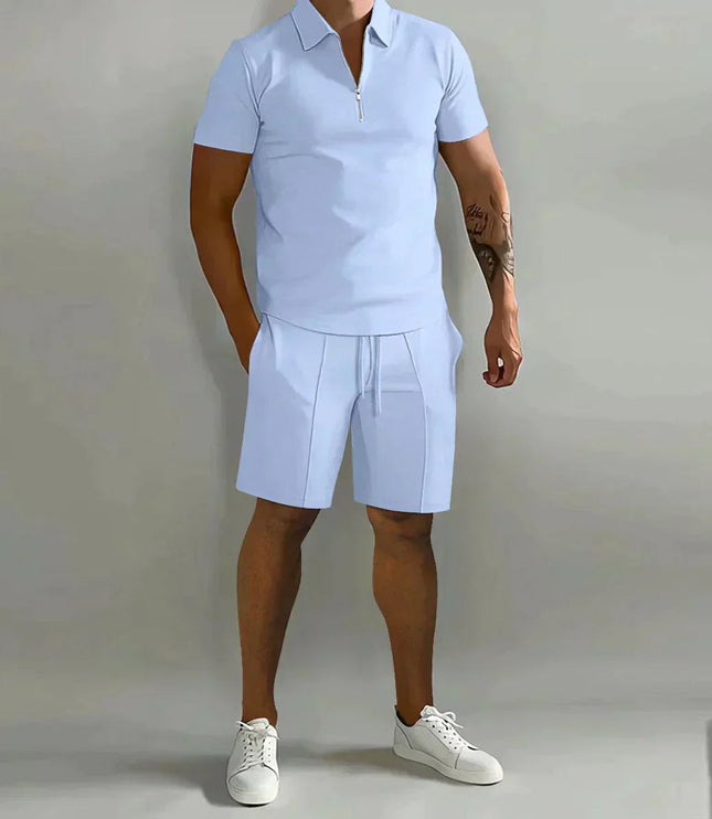 Light blue short-sleeve zip polo with coordinating shorts