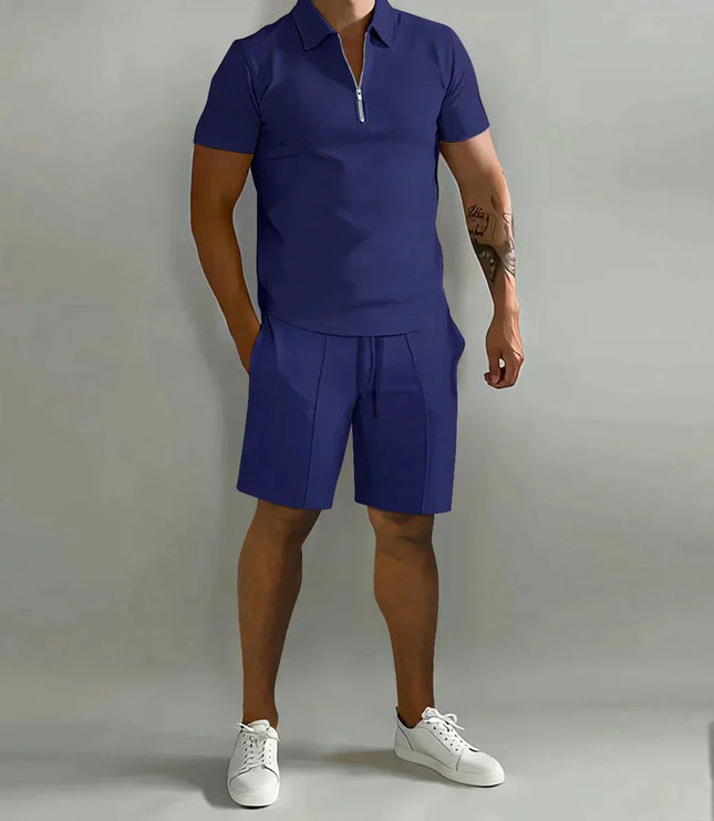 Navy blue zip polo top with navy shorts casual outfit