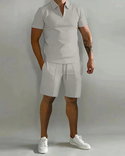 Beige zip polo shirt with beige shorts two-piece set