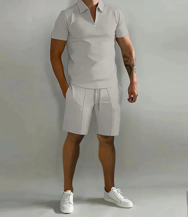 Beige zip polo shirt with beige shorts two-piece set
