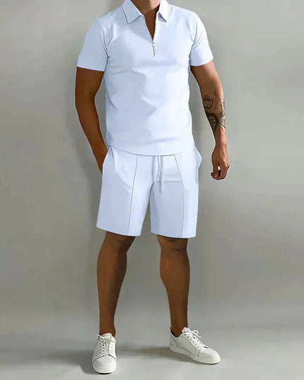 White zip polo with white shorts men's casual set