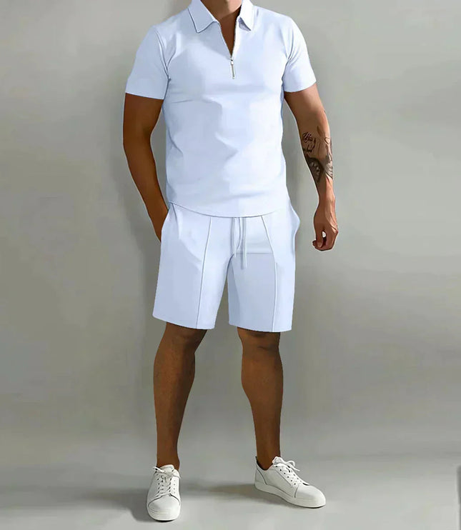 White zip polo with white shorts men's casual set