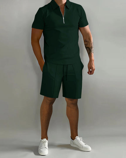 Forest green zip polo top with matching green shorts