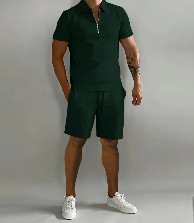 Forest green zip polo top with matching green shorts