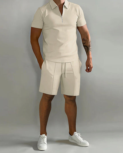 Cream zip polo shirt with matching shorts casual set