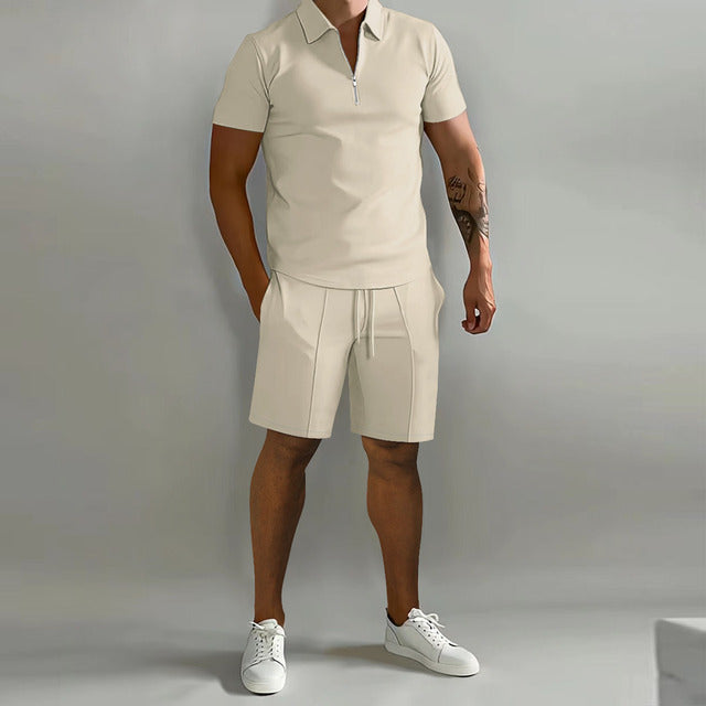 Cream zip polo shirt with matching shorts casual set