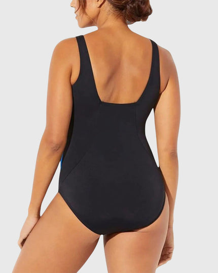 Back view of black one-piece swimsuit with scoop neckline and control support
