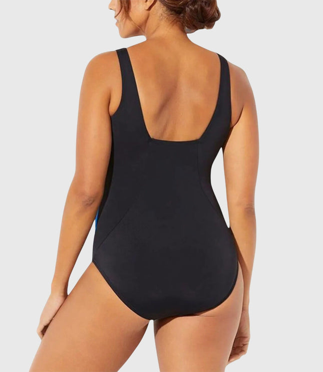 Back view of black one-piece swimsuit with scoop neckline and control support