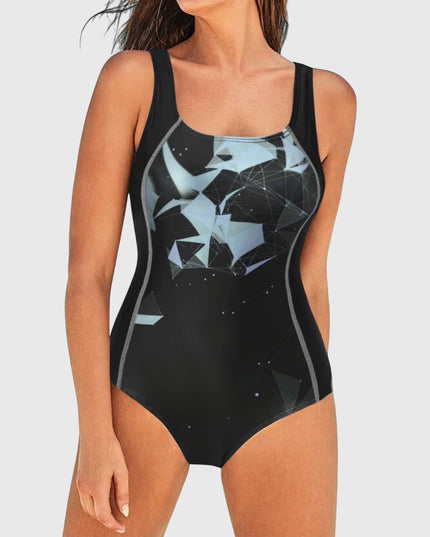 One-piece swimsuit with light blue geometric pattern and black control panels