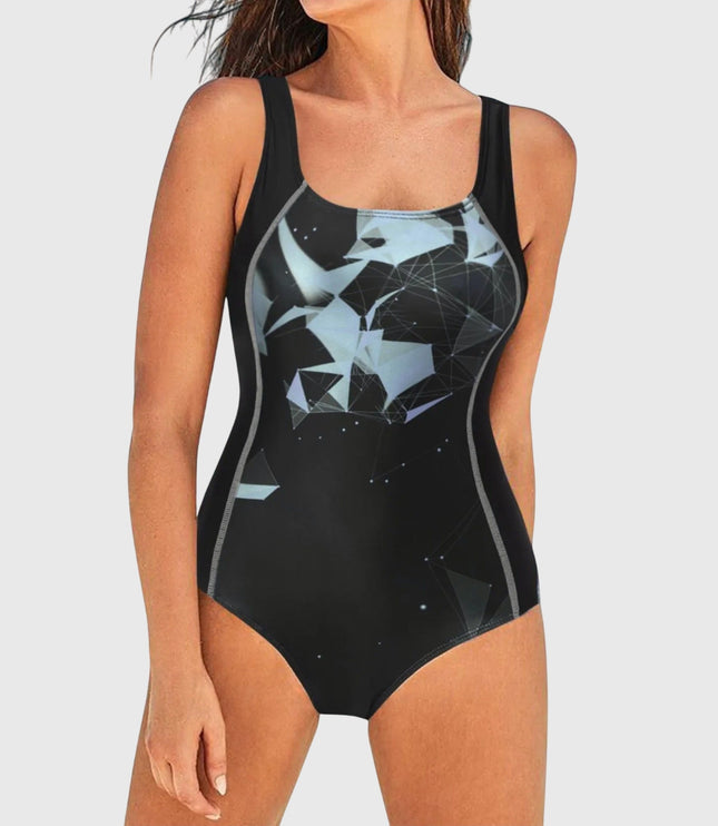 One-piece swimsuit with light blue geometric pattern and black control panels
