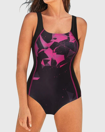 Women's one-piece swimsuit with magenta geometric print and black control sides