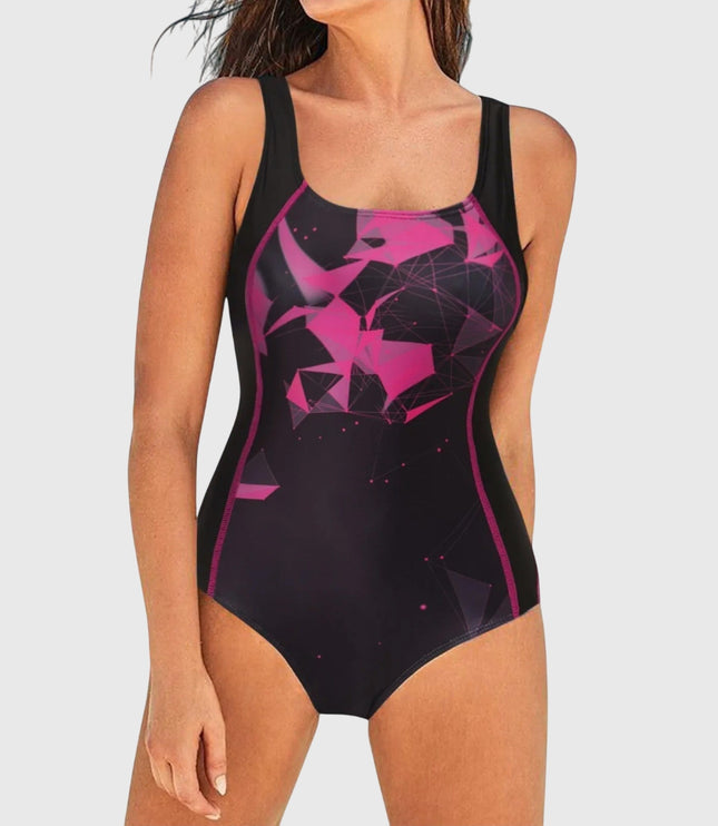 Women's one-piece swimsuit with magenta geometric print and black control sides