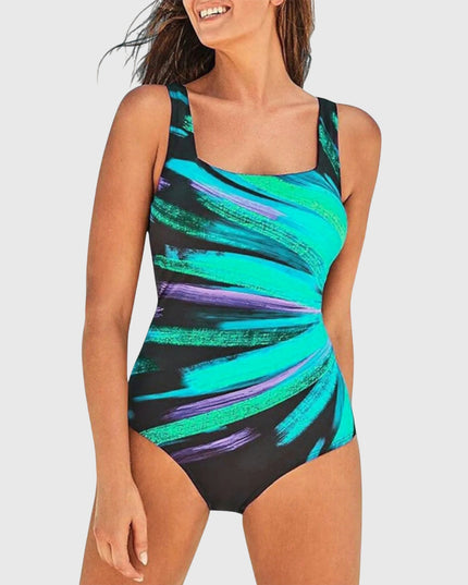 Women's one-piece swimsuit with cyan and purple diagonal brush stroke print