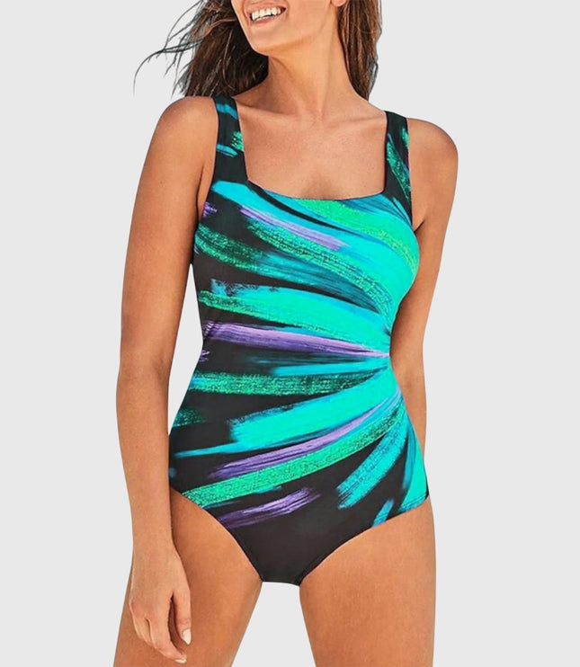 Women's one-piece swimsuit with cyan and purple diagonal brush stroke print