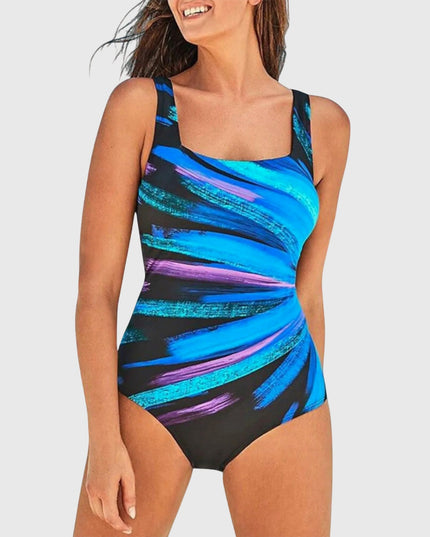 One-piece swimsuit with blue and purple diagonal stripe print and control support