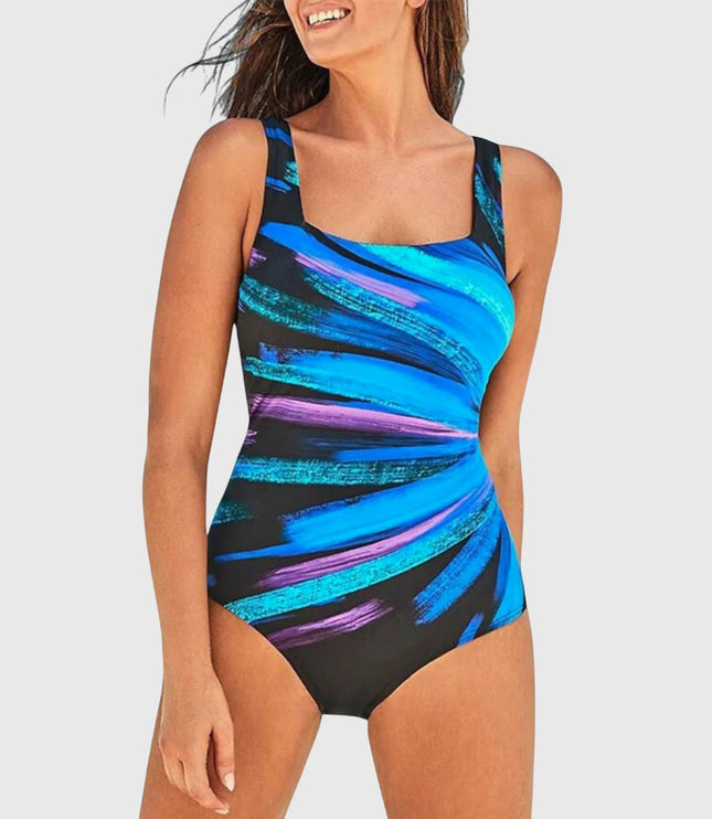 One-piece swimsuit with blue and purple diagonal stripe print and control support