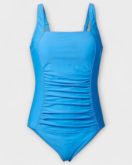 Blue one-piece swimsuit with square neckline and ruched details front view