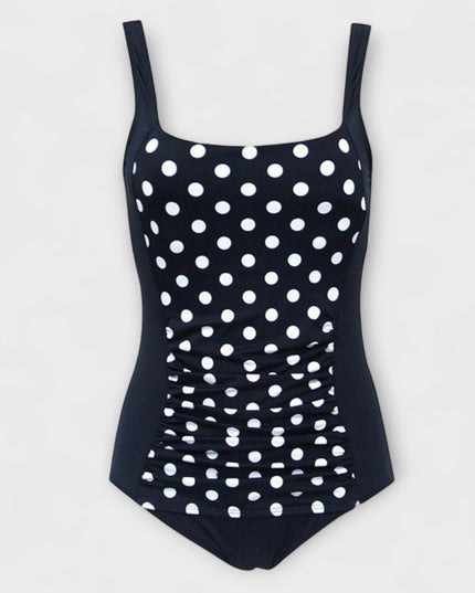 Black polka dot one-piece swimsuit with square neckline and ruching