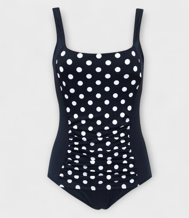 Black polka dot one-piece swimsuit with square neckline and ruching