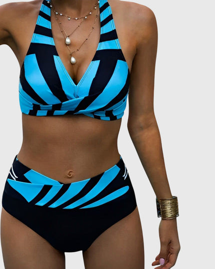 Blue and black striped halter bikini two-piece swimsuit with geometric pattern
