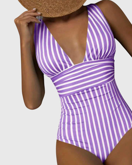 Purple and white striped v-neck one-piece swimsuit with wrapped waist