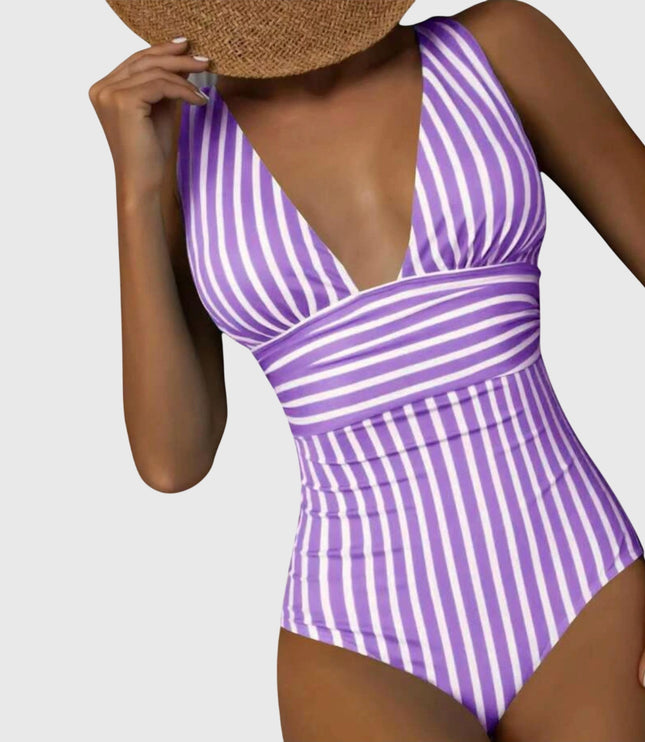 Purple and white striped v-neck one-piece swimsuit with wrapped waist