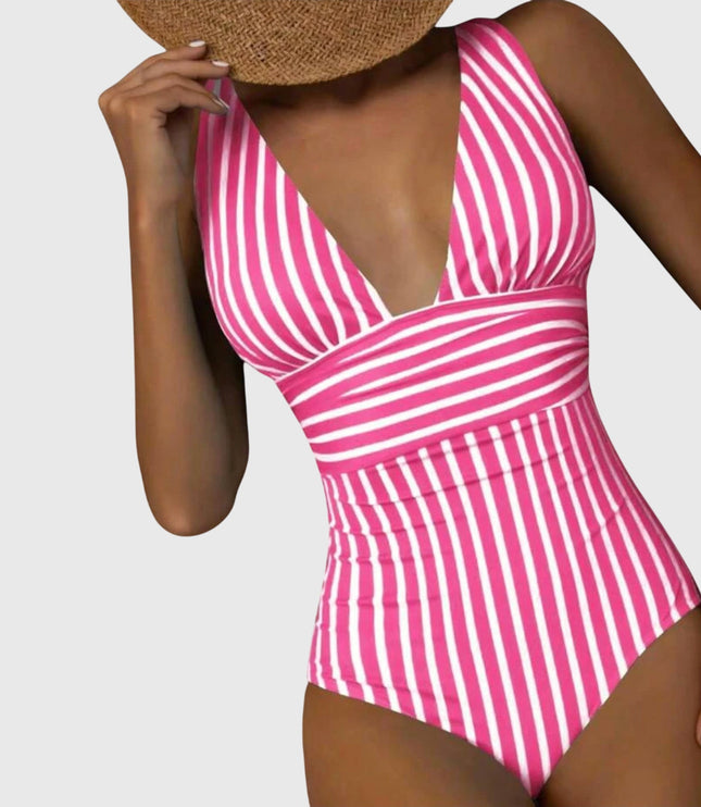 Pink and white striped v-neck one-piece swimsuit with ruched waist detail