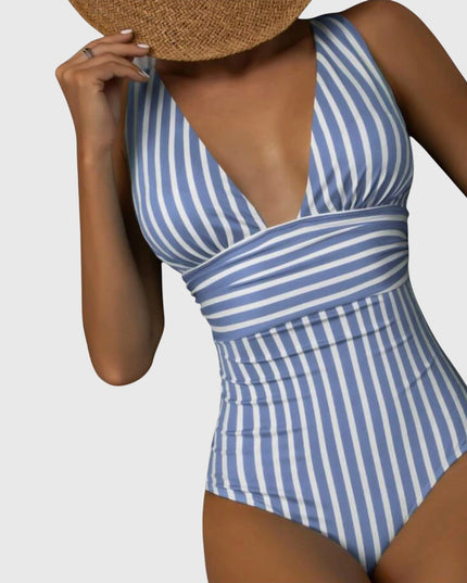Blue and white striped v-neck one-piece swimsuit with wrapped waist design