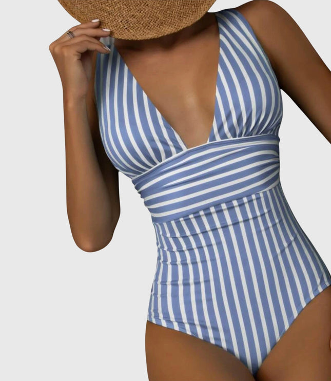 Blue and white striped v-neck one-piece swimsuit with wrapped waist design
