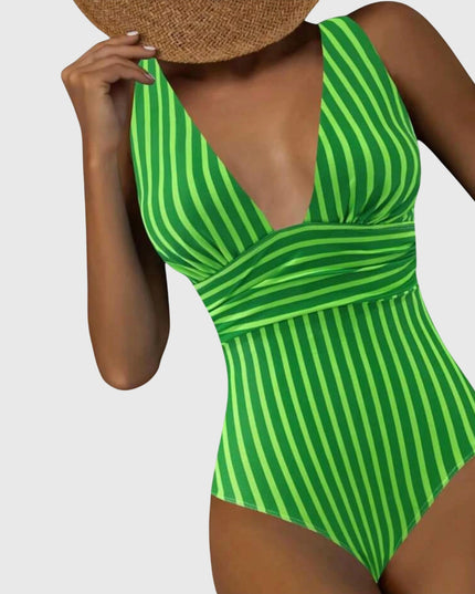 Lime green and darker green striped v-neck one-piece swimsuit front view