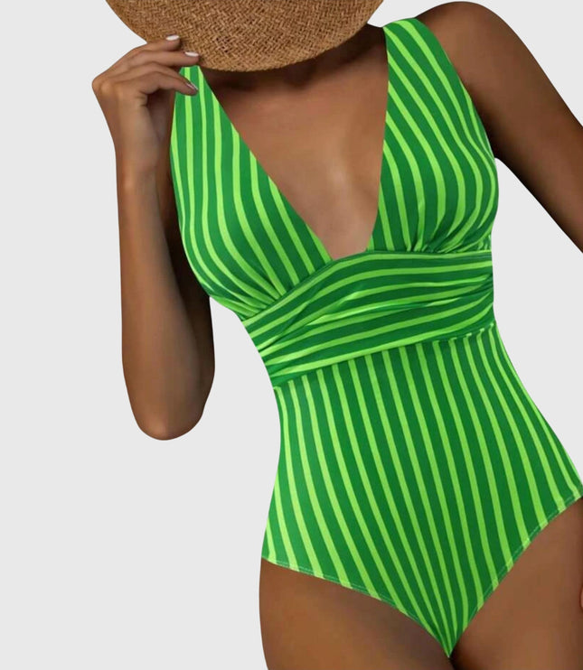 Lime green and darker green striped v-neck one-piece swimsuit front view