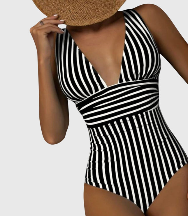 Black and white striped v-neck one-piece swimsuit with cinched waist