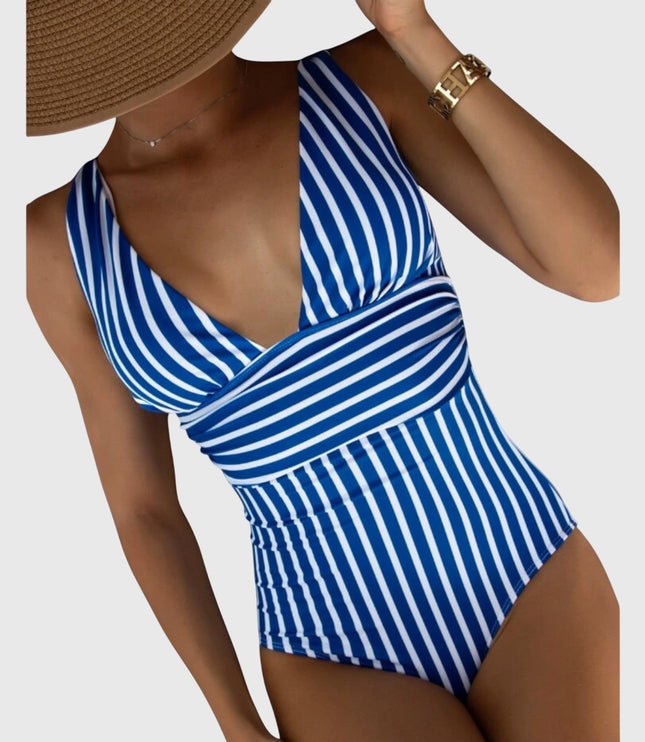 Royal blue and white striped v-neck one-piece swimsuit with gathered detail