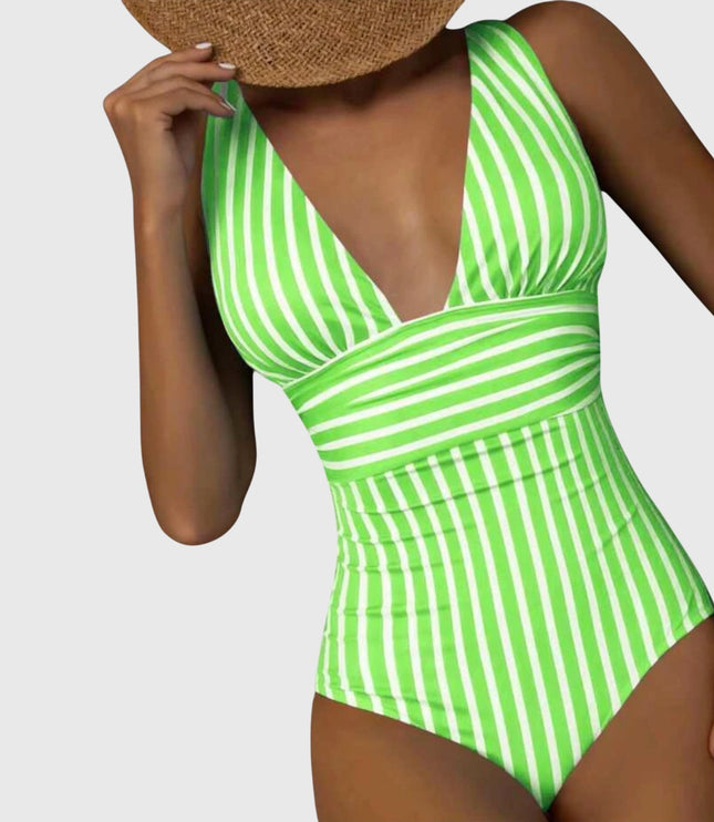 Bright lime green and white striped v-neck one-piece swimsuit front view