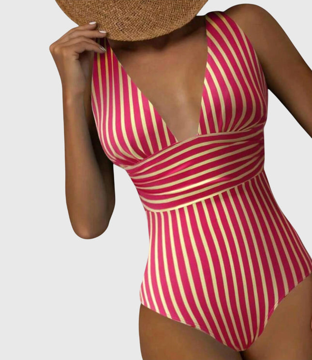 Magenta and yellow striped v-neck one-piece swimsuit with wrapped bodice