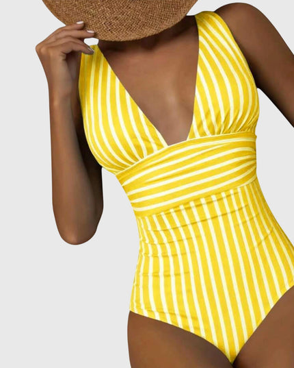 Golden yellow and white striped v-neck one-piece swimsuit front view