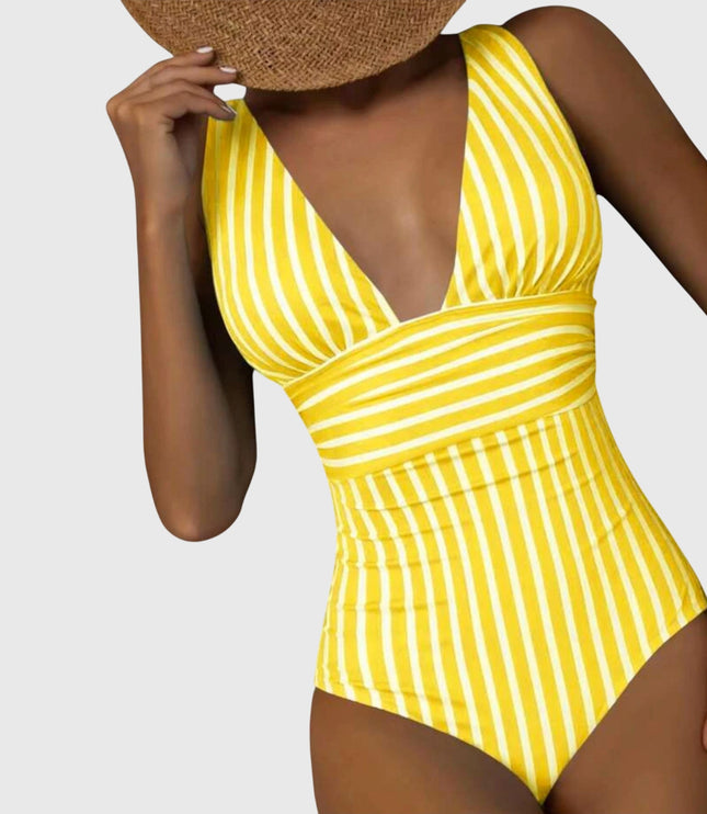 Golden yellow and white striped v-neck one-piece swimsuit front view