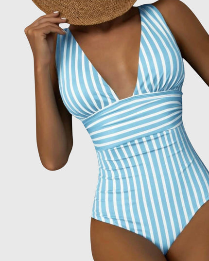 Light blue and white striped v-neck one-piece swimsuit with ruched sides